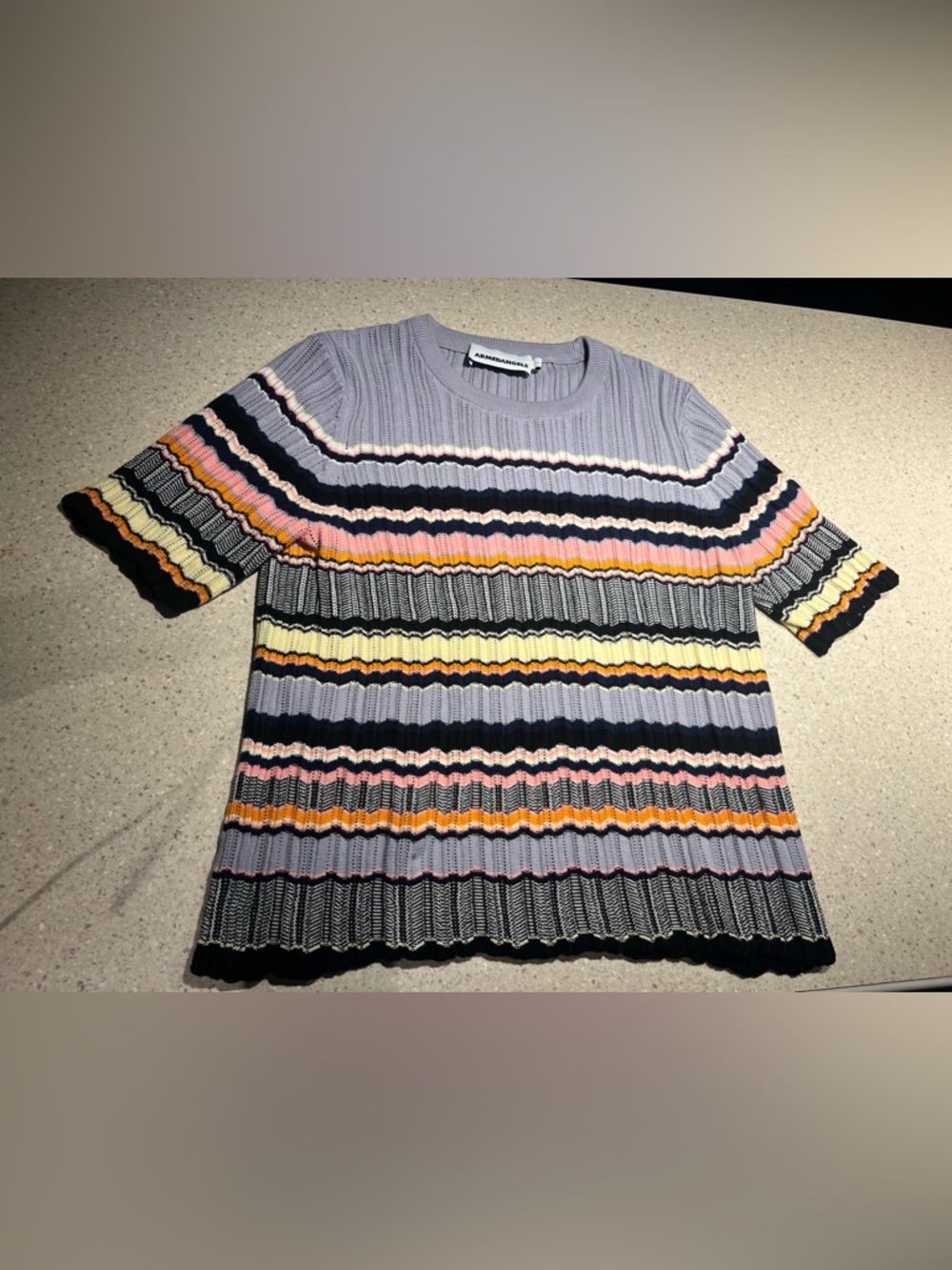 Striped Lavender Crewneck Knit Top with Multicolor Bands